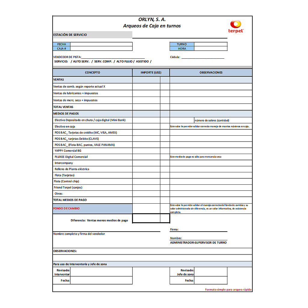 Formato ARQUEO DE CAJA EN TURNO ESTACIÓN